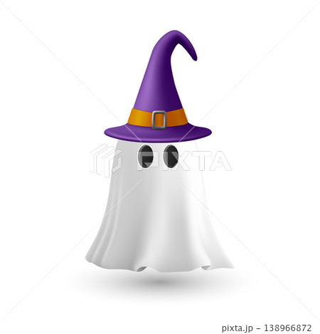 Vector 3d White Ghost with Purple Witch Hat, Isolated. Cute Simple White Ghost Vector Illustration. Halloween Ghost Character with Black Wizard Hat and Floating Sheet. Design Template for Halloween 138966872