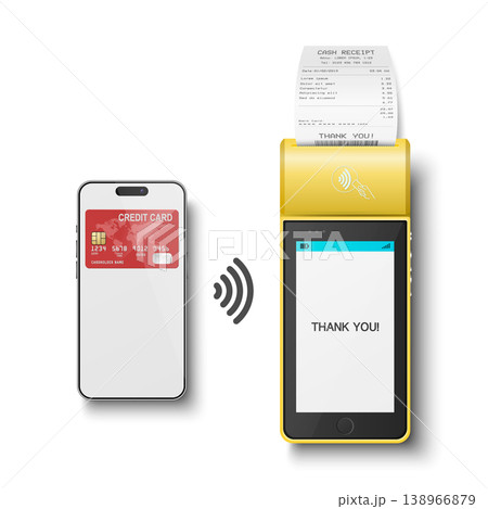 Vector 3d Yellow NFC Payment Terminal with Smartphone Closeup. Approved Payment and Successful Transaction. Contactless Payment Machine Template, Bank Card Transaction POS Terminal 138966879