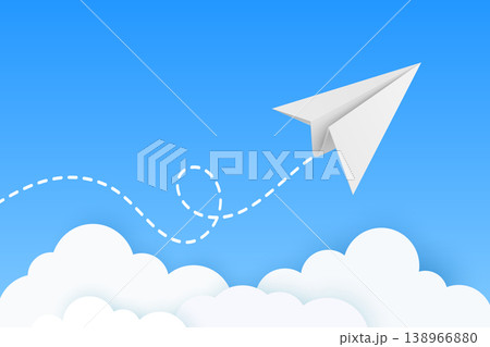 White Paper Airplane Icon, Vector Illustration. Flying Paper Plane with Dotted Line Trail. Email, Message Symbol. 3d Yellow Paper Airplane on Blue Sky Background 138966880