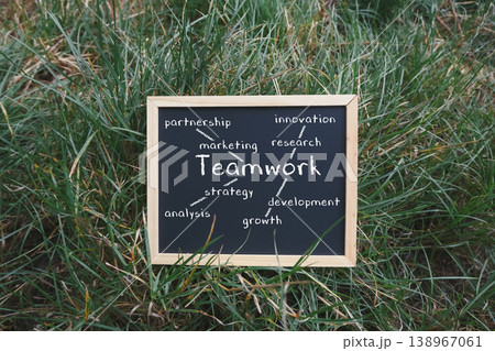 Teamwork concept displayed on a chalkboard surrounded by green grass, highlighting keywords like innovation, marketing, and growth, representing collaborative business strategies Teamwork concept displayed on a chalkboard surrounded by green grass, highlighting keywords like innovation, marketing, and growth, representing collaborative business strategies 138967061