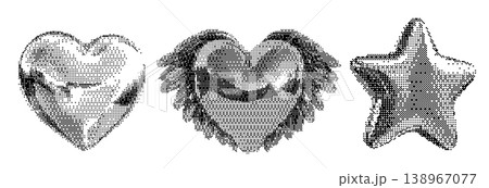Grunge bitmap heart set with chrome and halftone textures. Retro Y2K aesthetic with cosmic stars, vintage tattoo-style vector stickers, and glitch effects in a futuristic, space-inspired design. Grunge bitmap heart set with chrome and halftone textures. Retro Y2K aesthetic with cosmic stars, vintage tattoo-style vector stickers, and glitch effects in a futuristic, space-inspired design. 138967077