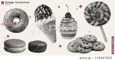 Sweet Retro Candy Collage Bitmap Art Featuring Colorful Cookies Ice Cream Muffins Macaroons and Cherry Chocolate With Vintage Halftone Texture and Punk Disco Aesthetic Sweet Retro Candy Collage Bitmap Art Featuring Colorful Cookies Ice Cream Muffins Macaroons and Cherry Chocolate With Vintage Halftone Texture and Punk Disco Aesthetic 138967085