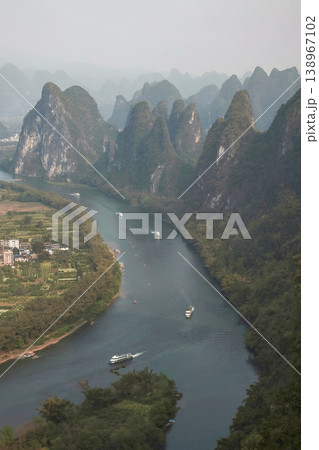 Karst mountains and the Li River in Guilin, China. Vertical view. 138967102