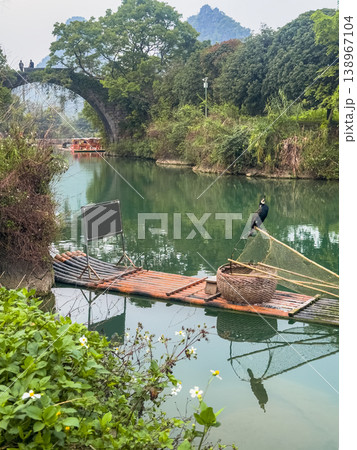 Guilin, China. Rustic wooden raft with cormorant floats on calm green river. Guilin, China. Rustic wooden raft with cormorant floats on calm green river. 138967104