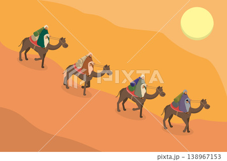 3D Isometric Flat Vector Illustration of Silk Road, Arab Traders On Camels In The Scorching Desert 138967153