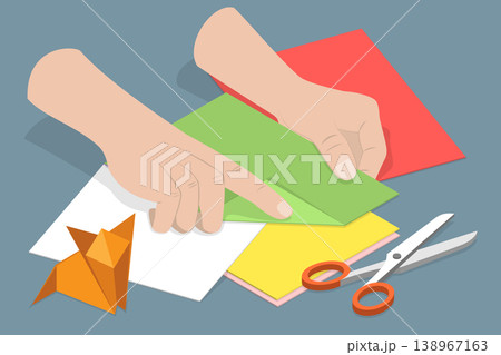 3D Isometric Flat Vector Illustration of Paper Origami, Hands Craft Color Origami Paper Character Using Tools Like Paper, Scissors, And Glue. 138967163