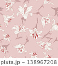 Vintage seamless pattern with hand drawn white lily flowers on pastel pink background 138967208
