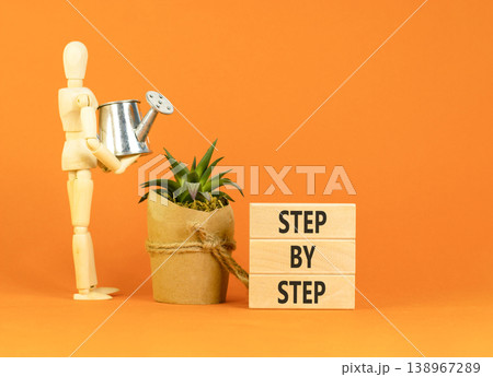 Next step words symbol. Concept words Step by step on beautiful wooden blocks. Beautiful orange background. Businessman model. Business and next step concept. Copy space. 138967289