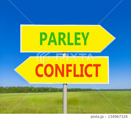 Parley instead conflict symbol. Concept words Parley and Conflict on beautiful yellow road sign. Beautiful blue sky green grass background. Social and parley instead conflict concept. Copy space. 138967326