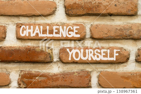 Challenge yourself words symbol. Concept words Challenge yourself on beautiful brick wall. Beautiful brick wall background. Business lifestyle and Challenge yourself words concept. Copy space. 138967361