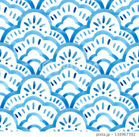 Watercolor seamless pattern with a tiled pattern. Blue scale ornament. 138967392