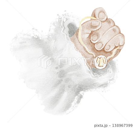 Child hand watercolor hand painted illustration holding pendant jewelry. Hand isolated close up object with minimal simple composition. Design element for family, gift and emotional concept use. Child hand watercolor hand painted illustration holding pendant jewelry. Hand isolated close up object with minimal simple composition. Design element for family, gift and emotional concept use. 138967399