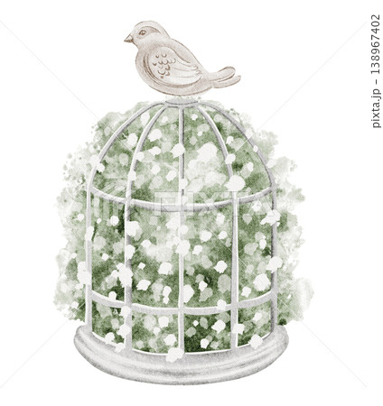 Flower birdcage hand painted watercolor illustration of vintage floral composition. Bird cage isolated clipart object with blooming plants and ornamental style. Suitable for bridal and event design. 138967402