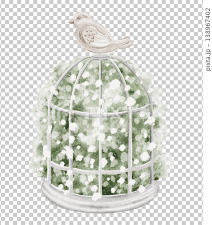 Flower birdcage hand painted watercolor illustration of vintage floral composition. Bird cage isolated clipart object with blooming plants and ornamental style. Suitable for bridal and event design. 138967402