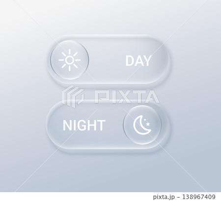 Glassmorphism UI component showcasing day night switch with crescent moon symbol, liquid like borders, and futuristic 3D design for digital screen interfaces 138967409