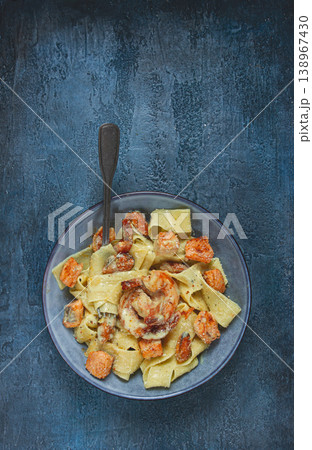 papardelle pasta in creamy sauce with seafood, homemade, no people, papardelle pasta in creamy sauce with seafood, homemade, no people, 138967430