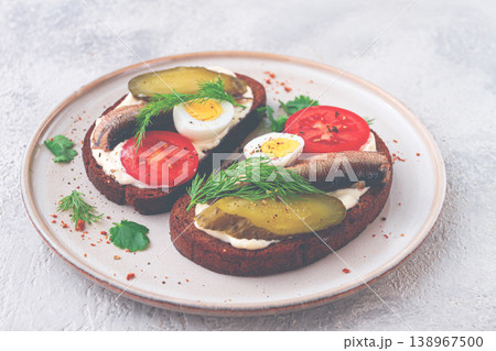 sandwiches on rye bread, with sprats, quail eggs, fresh tomatoes and pickled cucumber, appetizer, breakfast, homemade, 138967500