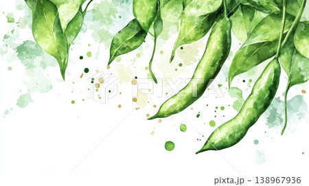 Intricate watercolor illustration of fresh green beans with lush leaves 138967936
