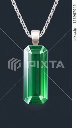 Emerald gemstone pendant hanging on a silver chain against dark background Emerald gemstone pendant hanging on a silver chain against dark background 138967946