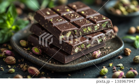 Close up of stacked dark chocolate pistachio dessert bars on plate Close up of stacked dark chocolate pistachio dessert bars on plate 138967947