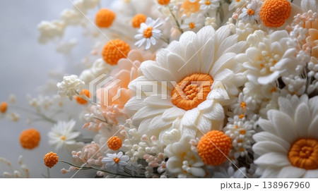 Intricately embroidered white daisies with orange centers on light background Intricately embroidered white daisies with orange centers on light background 138967960