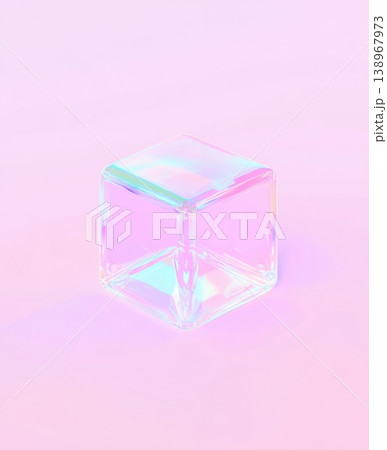 Iridescent transparent cube on soft pink background Iridescent transparent cube on soft pink background 138967973
