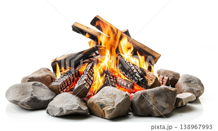 Isolated bonfire with burning logs and rocks on white background 138967993