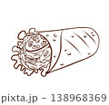 Stuffed wrap with vegetables and savory filling. Vector illustration in clean hand-drawn line art style. Fast food snack element for street food menus, takeaway packaging, cafe poster and menu boards. 138968369