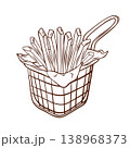 French fries in fryer basket. Vector illustration in clean hand-drawn line art style. Fast food side dish element for cafe menus, diner posters, takeaway packaging, delivery graphics and restaurant 138968373