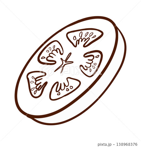 Tomato slice. Vector illustration in engraving style. Fresh vegetable ingredient icon used for burger menus, recipe cards, food infographics, restaurant labels, and food blog graphics. 138968376