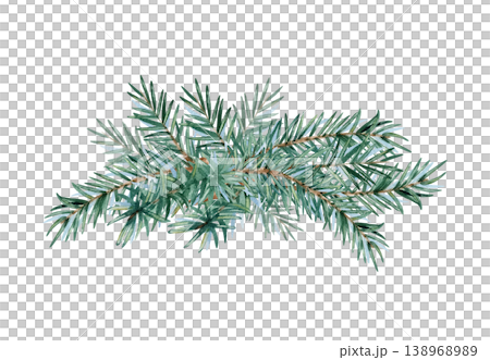 Watercolor spruce branches for your design. Evergreen pine fir twigs are lying. Clip art illustration isolated from background. Hand painted tree coniferous plant for holiday winter decoration Watercolor spruce branches for your design. Evergreen pine fir twigs are lying. Clip art illustration isolated from background. Hand painted tree coniferous plant for holiday winter decoration 138968989