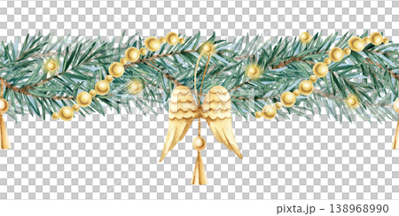 Watercolor spruce garland seamless border decorated elegant hanging golden angel wings, beads. Festive isolated illustration for Christmas greeting card, New Year invitations, winter holiday frame Watercolor spruce garland seamless border decorated elegant hanging golden angel wings, beads. Festive isolated illustration for Christmas greeting card, New Year invitations, winter holiday frame 138968990