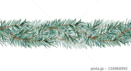 Watercolor seamless border of fir branches. Evergreen pine spruce garland repeat frame. Illustration isolated from background. Hand painted fluffy twig Christmas decoration, wedding in rustic style Watercolor seamless border of fir branches. Evergreen pine spruce garland repeat frame. Illustration isolated from background. Hand painted fluffy twig Christmas decoration, wedding in rustic style 138968992