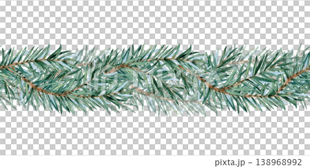 Watercolor seamless border of fir branches. Evergreen pine spruce garland repeat frame. Illustration isolated from background. Hand painted fluffy twig Christmas decoration, wedding in rustic style Watercolor seamless border of fir branches. Evergreen pine spruce garland repeat frame. Illustration isolated from background. Hand painted fluffy twig Christmas decoration, wedding in rustic style 138968992