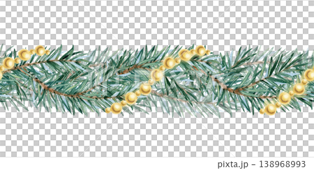 Watercolor spruce garland seamless border decorated elegant golden beads. Festive hand painted isolated illustration for Christmas greeting card, New Year invitations, winter holiday horizontal frame 138968993