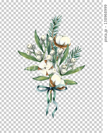 Mistletoe, spruce branch, cotton tied with green bow composition. Christmas holly icon arrangement. Traditional festive winter bouquet with white berries. Watercolor hand drawn isolated illustration Mistletoe, spruce branch, cotton tied with green bow composition. Christmas holly icon arrangement. Traditional festive winter bouquet with white berries. Watercolor hand drawn isolated illustration 138968999