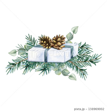 White gift box with pine cones is lying on spruce branches. Festive watercolor illustration isolated on transparent background. Hand painted fir arrangement for winter holidays, greeting card 138969002
