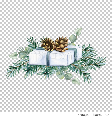 White gift box with pine cones is lying on spruce branches. Festive watercolor illustration isolated on transparent background. Hand painted fir arrangement for winter holidays, greeting card 138969002