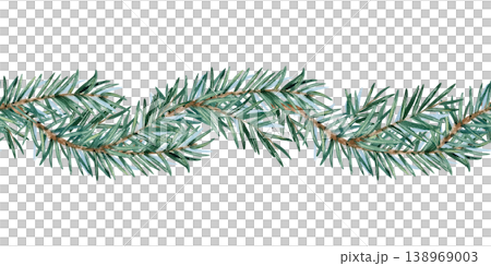 Watercolor seamless border of curved spruce branches. Evergreen pine fir garland repeat ornament. Illustration isolated from background. Hand painted Christmas decoration, wedding in rustic style Watercolor seamless border of curved spruce branches. Evergreen pine fir garland repeat ornament. Illustration isolated from background. Hand painted Christmas decoration, wedding in rustic style 138969003