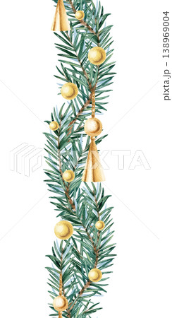 Watercolor seamless border of curved spruce branches with golden decoration. Vertical fir garland repeat ornament. Illustration isolated from background. Hand painted holiday festive Christmas frame 138969004
