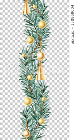 Watercolor seamless border of curved spruce branches with golden decoration. Vertical fir garland repeat ornament. Illustration isolated from background. Hand painted holiday festive Christmas frame 138969004