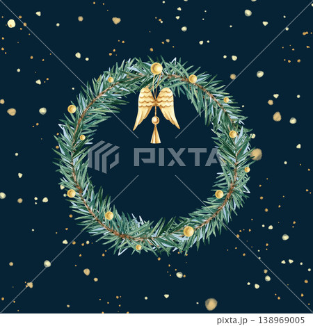 Watercolor wreath fir branches with golden beads, hanging toy angel wings on dark background template with copy space. Festive spruce branch circle frame. Hand painted isolated illustration, card Watercolor wreath fir branches with golden beads, hanging toy angel wings on dark background template with copy space. Festive spruce branch circle frame. Hand painted isolated illustration, card 138969005