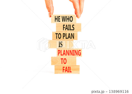 Planning to fail symbol. Concept words He who fails to plan is planning to fail on beautiful wooden blocks. Beautiful white background. Businessman hand. Business planning to fail concept. Copy space Planning to fail symbol. Concept words He who fails to plan is planning to fail on beautiful wooden blocks. Beautiful white background. Businessman hand. Business planning to fail concept. Copy space 138969116
