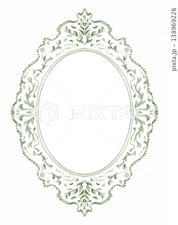 Oval frame design watercolor hand painted. Vintage ornate frame with delicate details and intricate tracery. Perfect for invitations, postcards, or elegant designs. 138969226