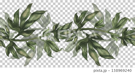 Seamless border of green peony branches isolated on white. Watercolor botanical greenery with soft natural texture for floral compositions, wedding design, branding, packaging, elegant botanical decor 138969240