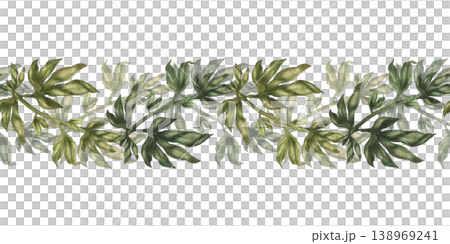 Seamless border of green peony branches isolated on white. Watercolor botanical greenery with soft natural texture for floral compositions, wedding design, branding, packaging, elegant botanical decor 138969241