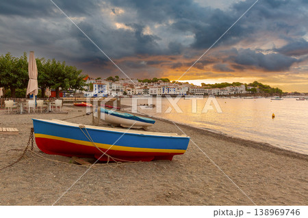 Fishing boat on beach at dawn in Cadaques, Catalonia, Spain 138969746