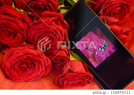 On the smartphone screen is a photograph of a rose lying among real red roses. On the smartphone screen is a photograph of a rose lying among real red roses. 138970111