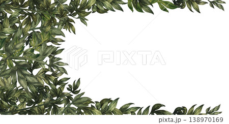 Green watercolor frame of peony branches. Hand-painted botanical greenery template with natural texture for floral design, wedding invitations, branding, packaging, patterns, elegant botanical decor Green watercolor frame of peony branches. Hand-painted botanical greenery template with natural texture for floral design, wedding invitations, branding, packaging, patterns, elegant botanical decor 138970169