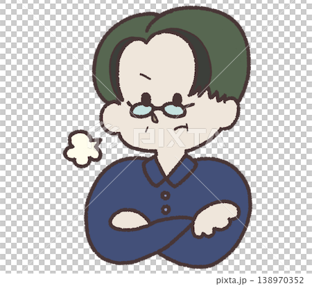 Illustration of an angry elderly man: arms crossed, wearing glasses, sighing, hand-drawn style, business scene, white background. Illustration of an angry elderly man: arms crossed, wearing glasses, sighing, hand-drawn style, business scene, white background. 138970352